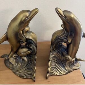 Vintage S.C.C. Brass Metal Dolphin Fish Ocean Waves Book Ends  Nautical 1975